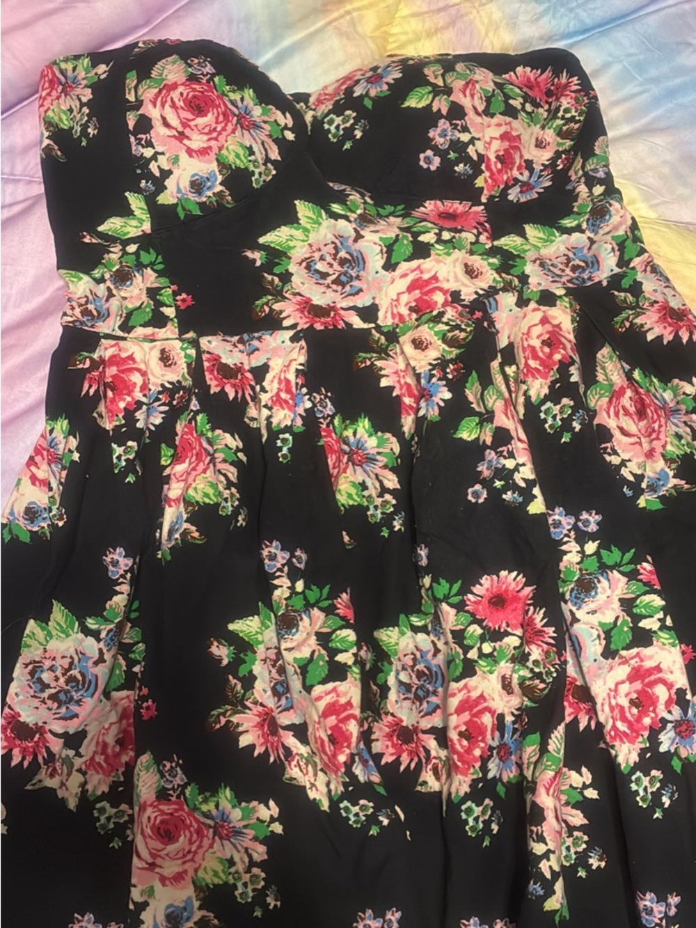 No Boundaries Black Strapless Floral Dress with Pink, Blue & Green Flowers